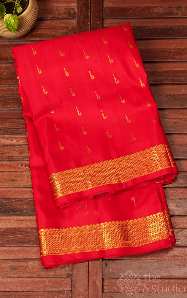 Red gadwal silk saree with paithani motifs