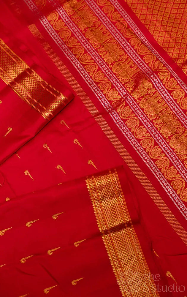 Red gadwal silk saree with paithani motifs