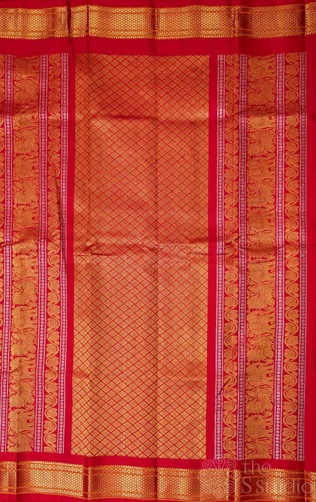 Red gadwal silk saree with paithani motifs