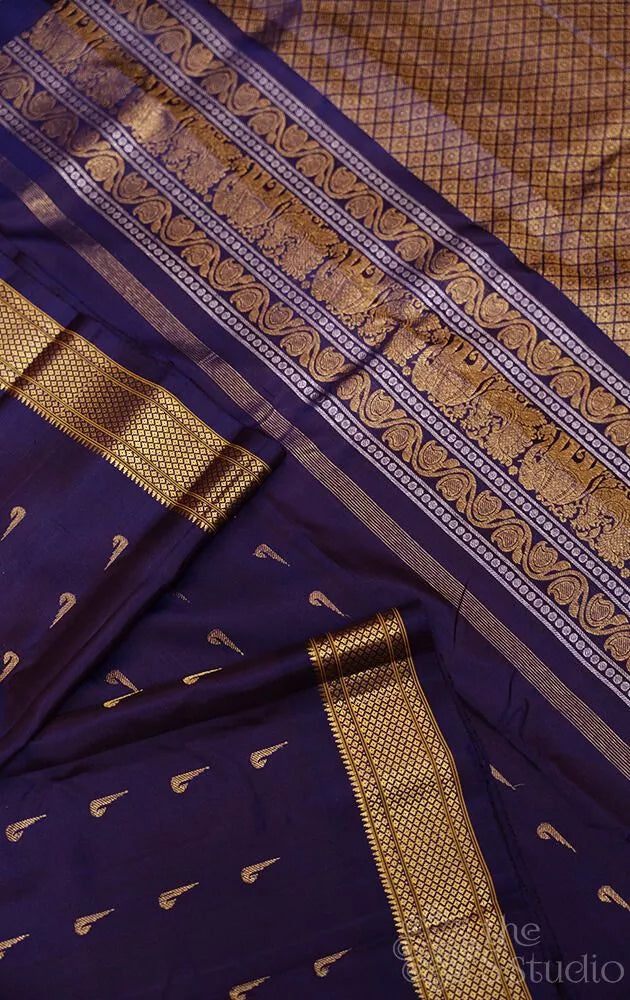 Navy blue gadwal silk saree with zari rich pallu and border