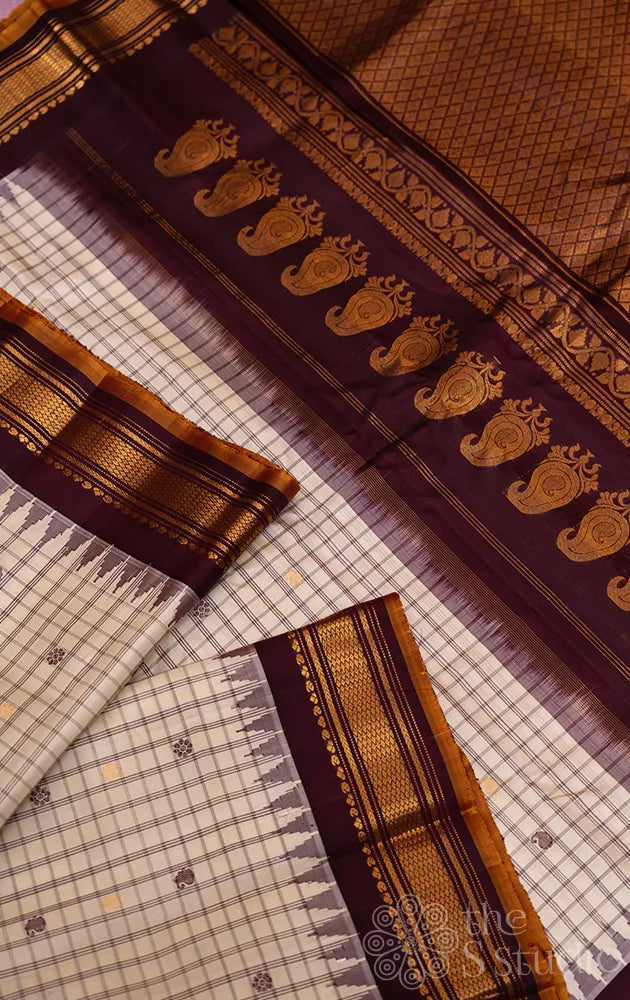 Off white checked gadwal silk saree with brown border