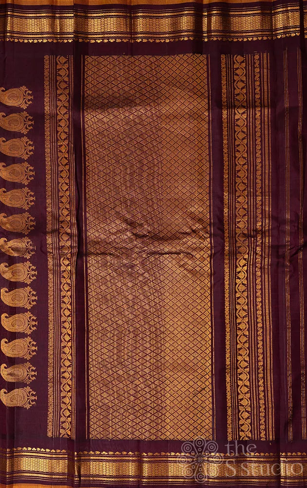 Off white checked gadwal silk saree with brown border