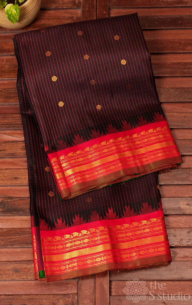 Dark brown checked gadwal silk saree with red border