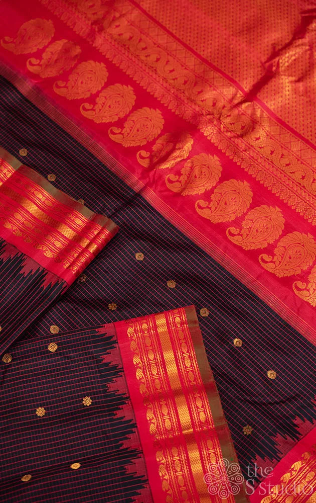 Dark brown checked gadwal silk saree with red border