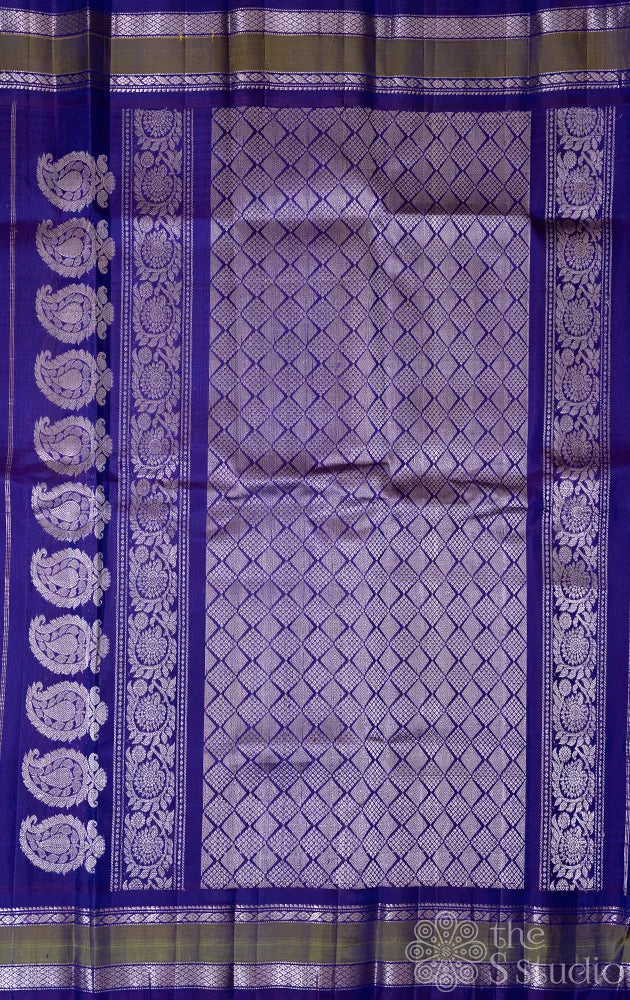 Green and yellow checked gadwal silk saree with navy blue pallu