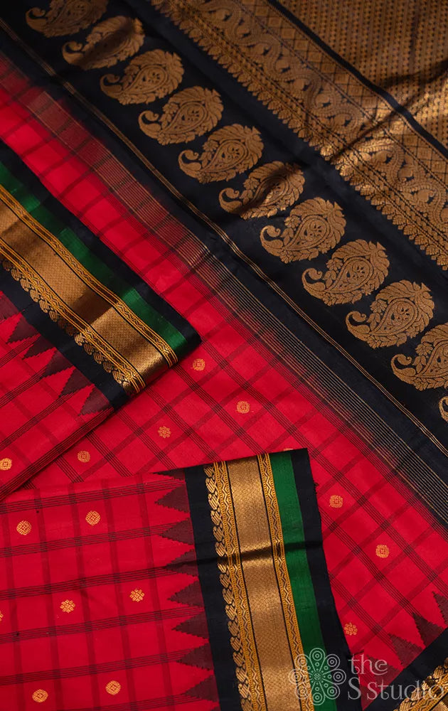 Red checked gadwal silk saree with black pallu and zari rich pallu