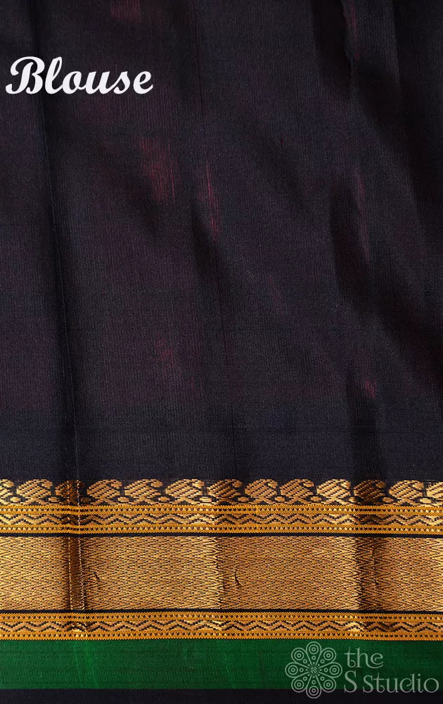 Red checked gadwal silk saree with black pallu and zari rich pallu