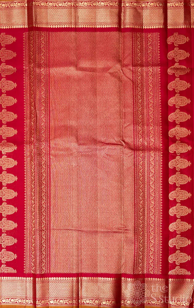 Sage green checked gadwal silk saree with red zari border