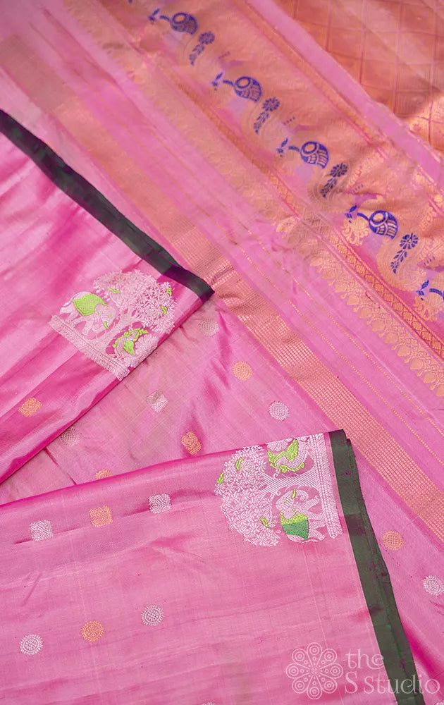 Pink gadwal silk saree with silver and gold zari motifs