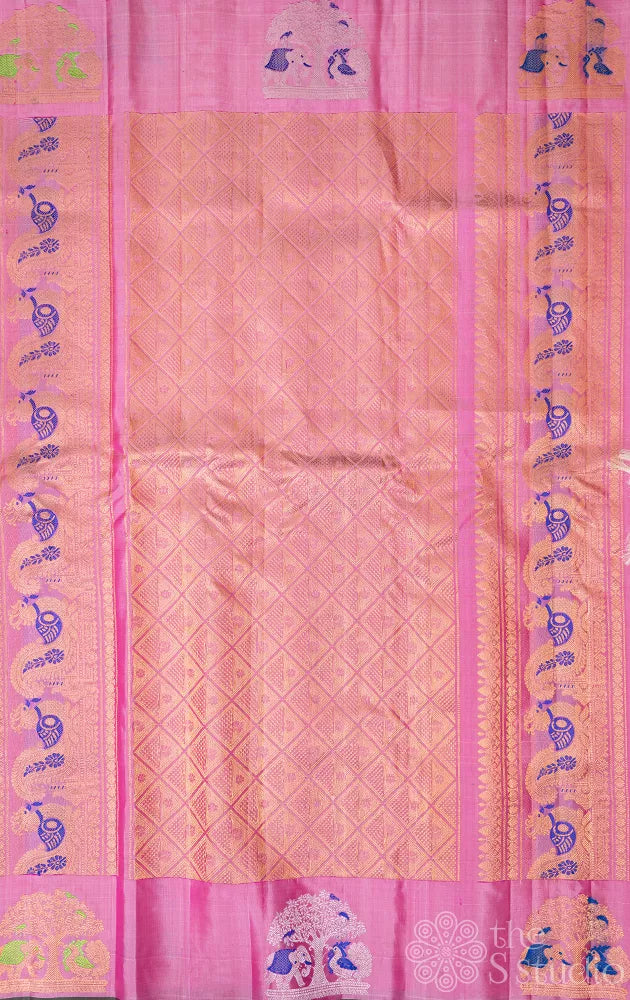 Pink gadwal silk saree with silver and gold zari motifs