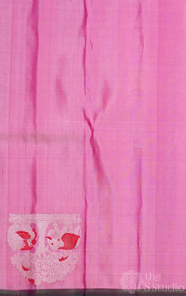 Pink gadwal silk saree with silver and gold zari motifs