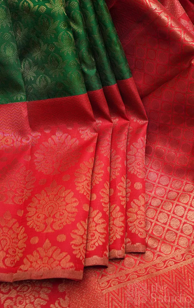 Dark green kanchi silk saree with red big border