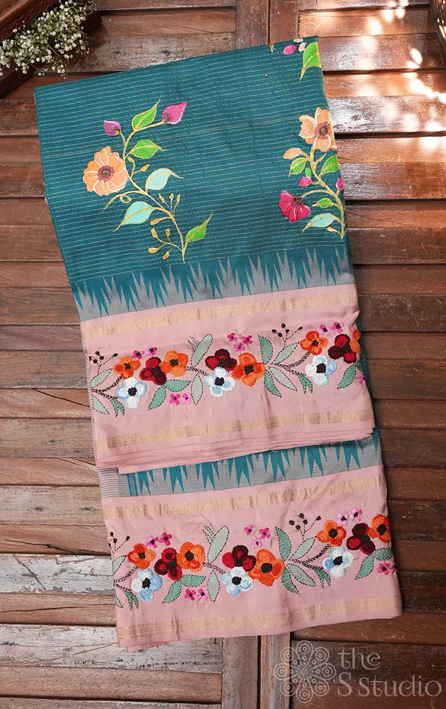 Rama blue hand painted kanjivaram silk saree with hand embroidered border
