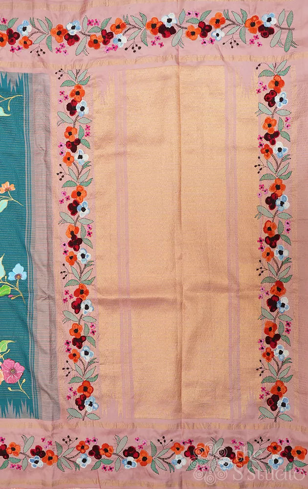 Rama blue hand painted kanjivaram silk saree with hand embroidered border