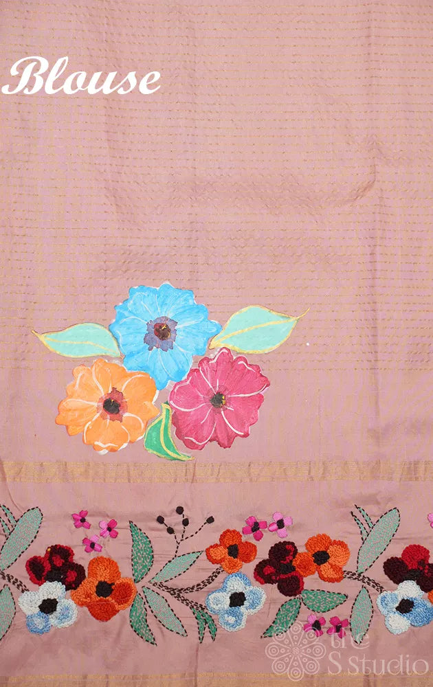 Rama blue hand painted kanjivaram silk saree with hand embroidered border