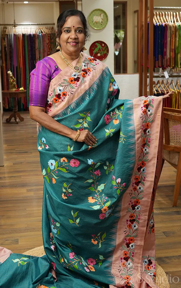 Rama blue hand painted kanjivaram silk saree with hand embroidered border