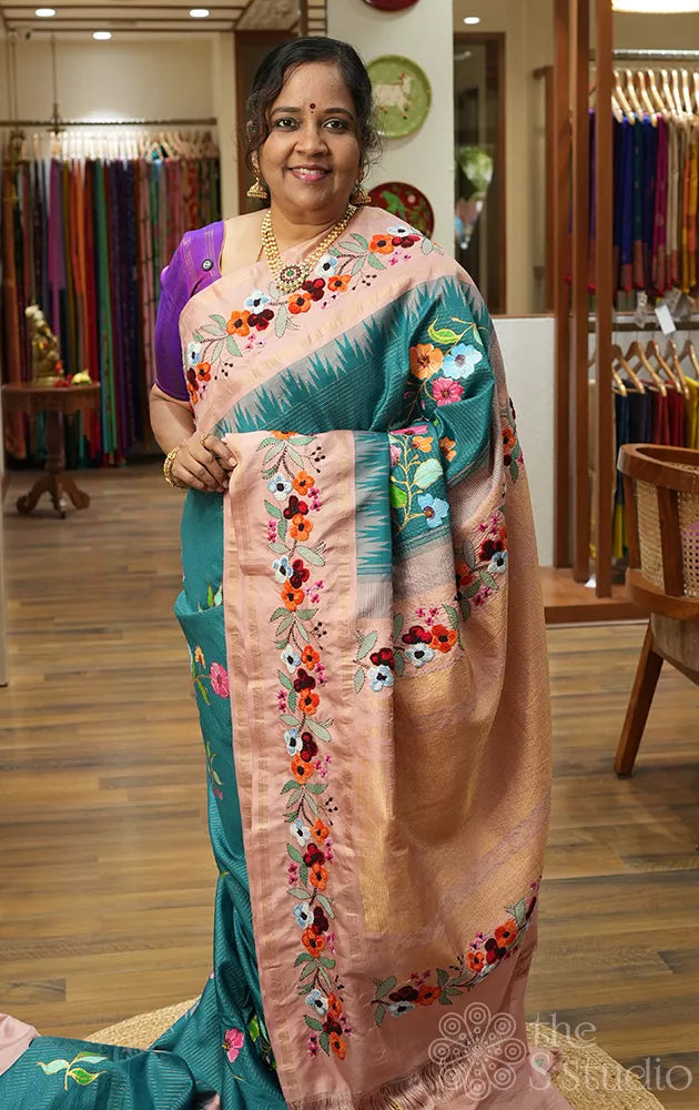 Rama blue hand painted kanjivaram silk saree with hand embroidered border