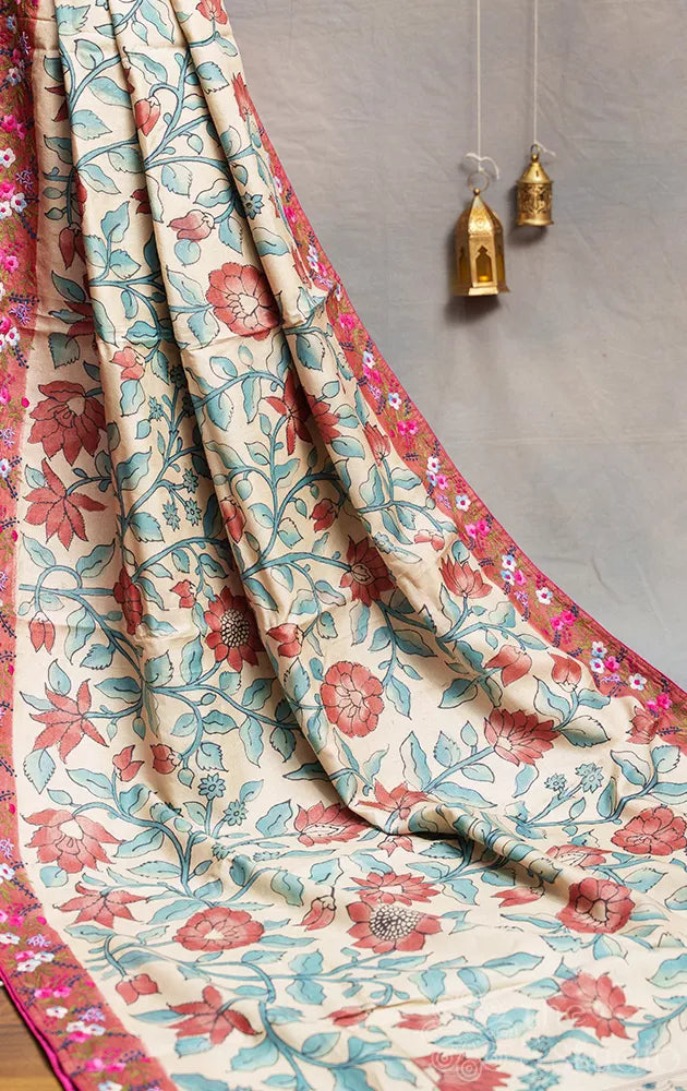 Off white pure tussar silk pen kalamkari Saree with rust floral embroidery border