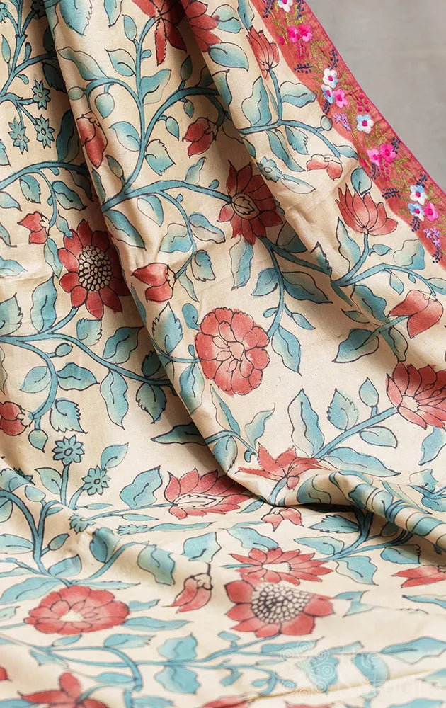 Off white pure tussar silk pen kalamkari Saree with rust floral embroidery border