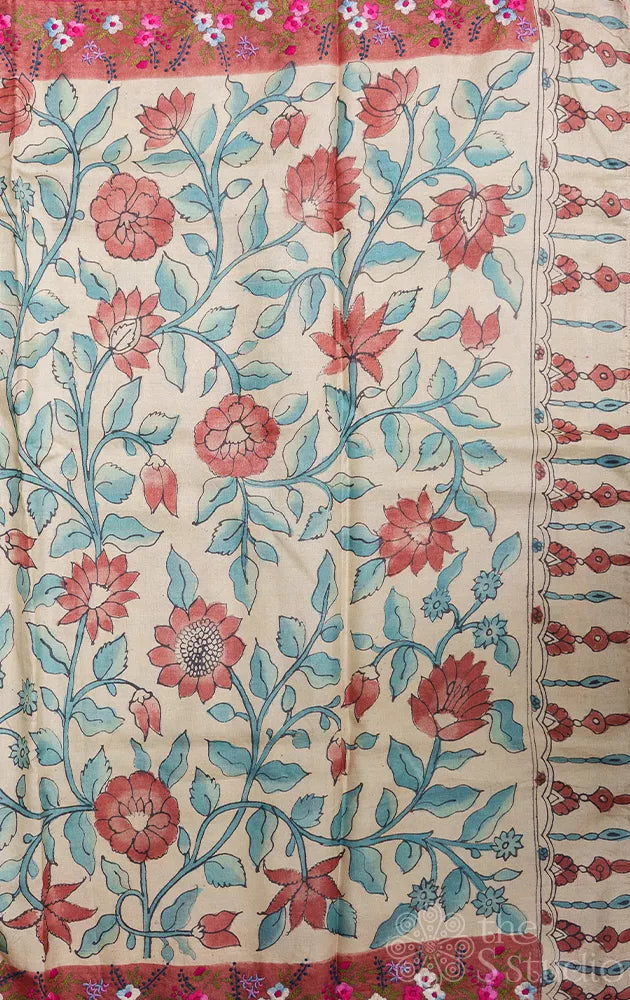 Off white pure tussar silk pen kalamkari Saree with rust floral embroidery border