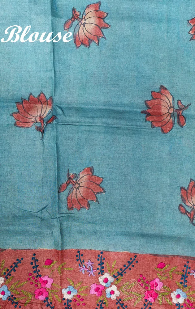 Off white pure tussar silk pen kalamkari Saree with rust floral embroidery border