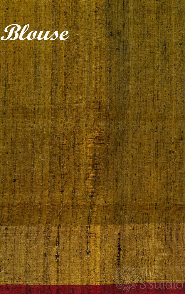 Yellow patola raw silk saree with ikat woven mehandi green border