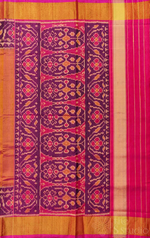 Peach patola raw silk saree with ikat woven purple border
