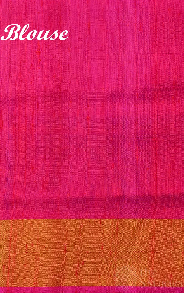Peach patola raw silk saree with ikat woven purple border