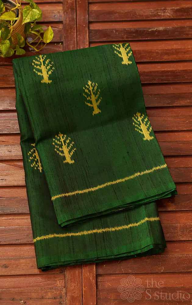 Green rajkot patola raw silk saree with pichwai design ikkat woven pallu
