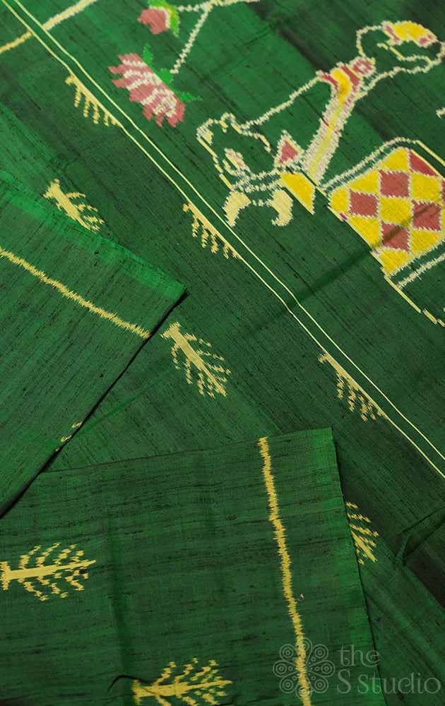 Green rajkot patola raw silk saree with pichwai design ikkat woven pallu