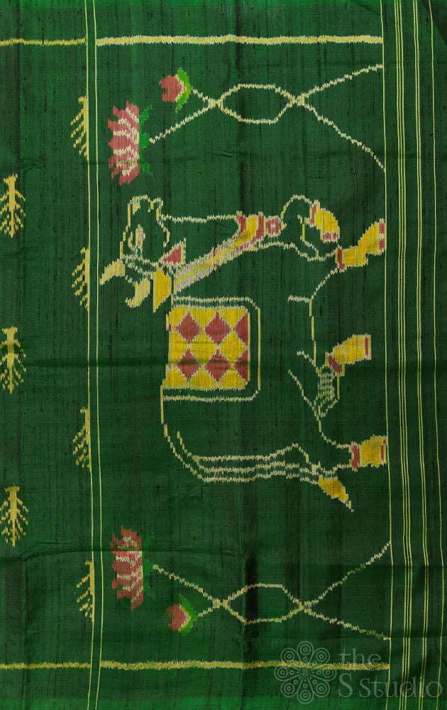Green rajkot patola raw silk saree with pichwai design ikkat woven pallu