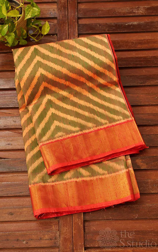 Green and peach chevron woven pattern patola raw silk saree 