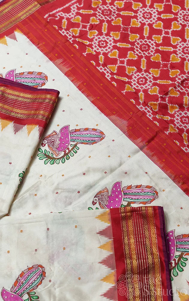 White ikkat silk saree with madhubani hand painting