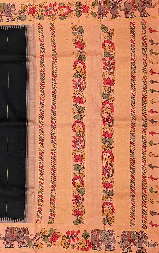 Black kanchi silk saree with hand painted kalamkari peach border