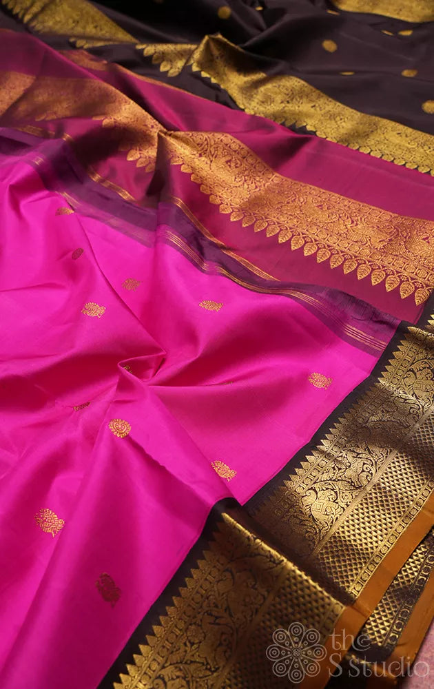 Magenta madisar 10 yards kanchipuram silk saree with brown korvai border