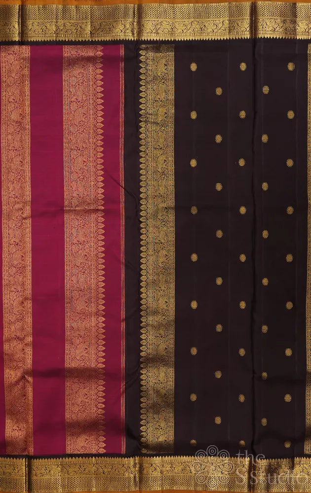 Magenta madisar 10 yards kanchipuram silk saree with brown korvai border