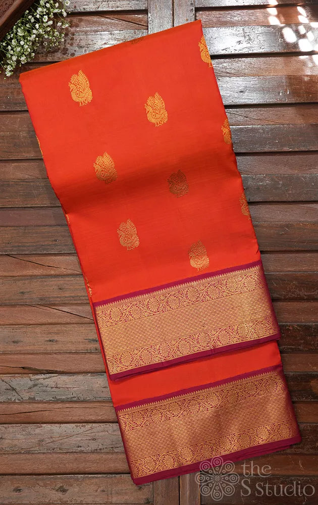 Orange 10 yards kanchipuram silk saree with maroon border