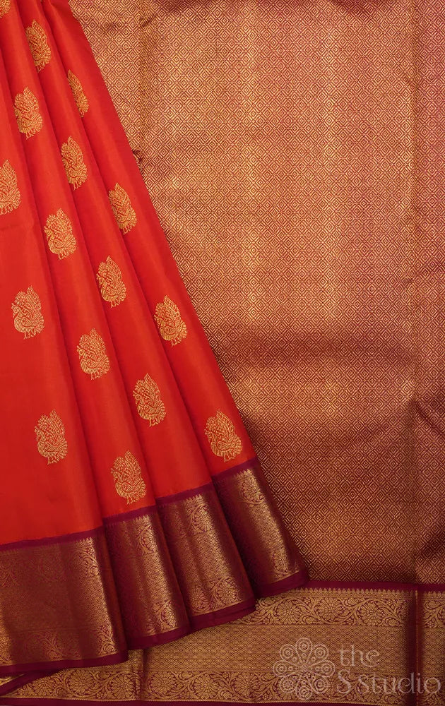 Orange 10 yards kanchipuram silk saree with maroon border