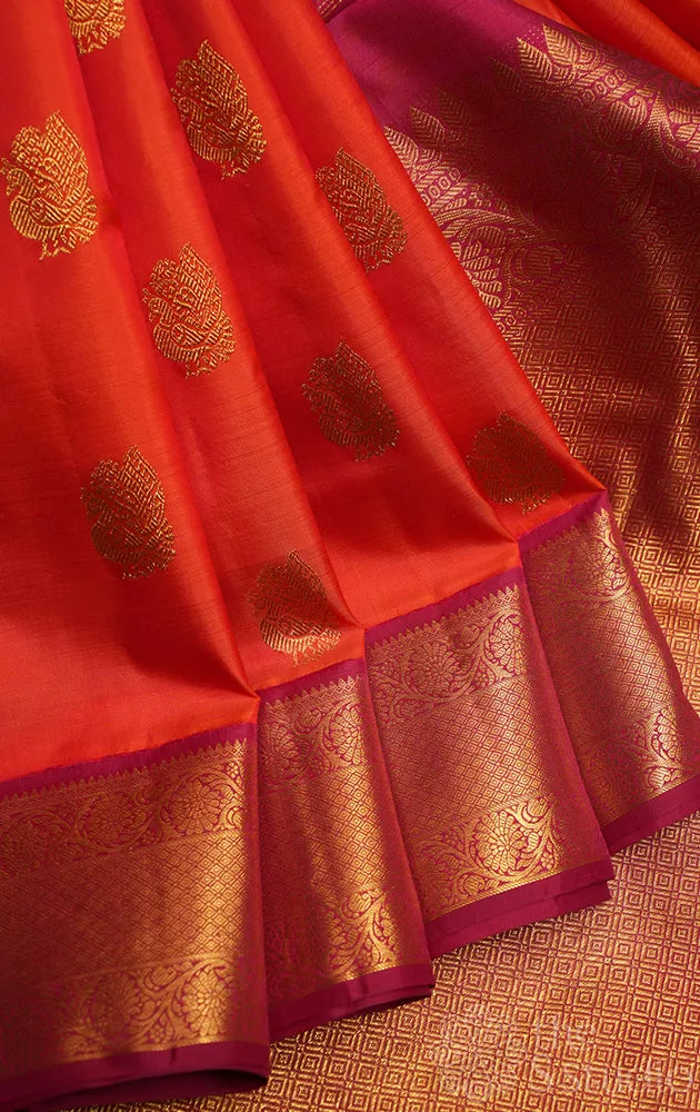 Orange 10 yards kanchipuram silk saree with maroon border