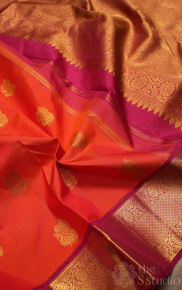 Orange 10 yards kanchipuram silk saree with maroon border
