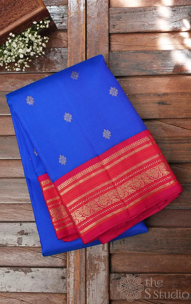 Royal blue kanchi silk saree with reddish rose korvai border