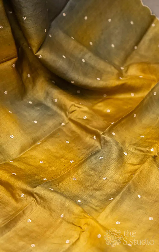 Green and mustard shaded hand embroiderd tussar saree