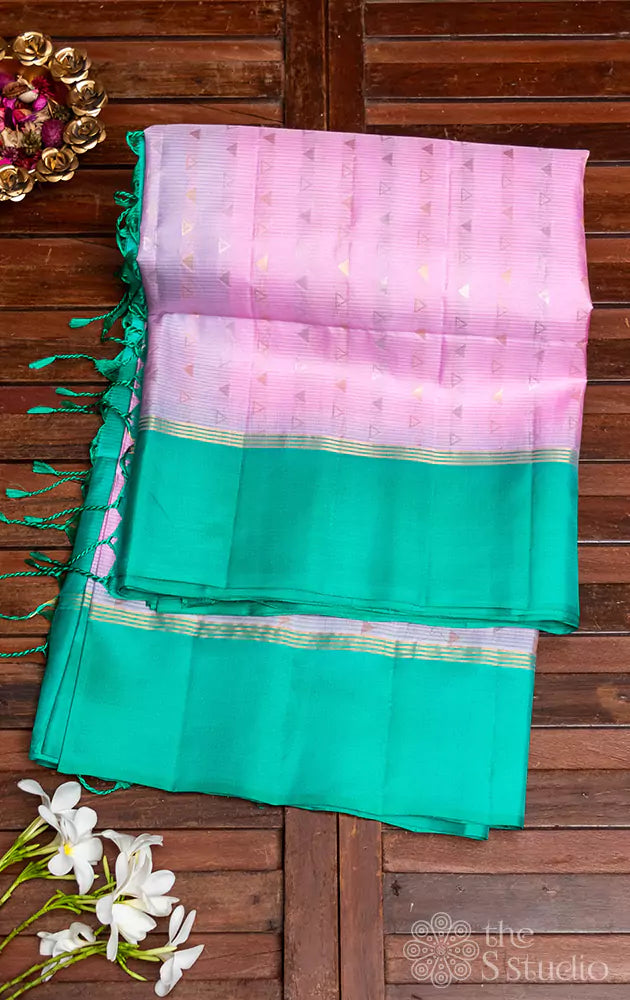 Lavender soft silk saree with aqua blue pallu