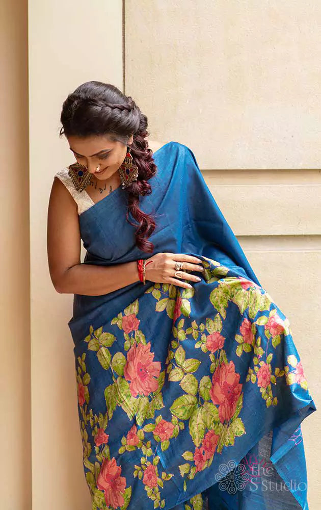 Blue tussar saree with embroidery and floral prints