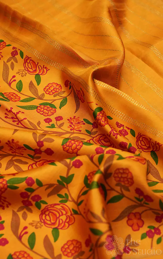 Mustard kanchi silk saree with floral prints