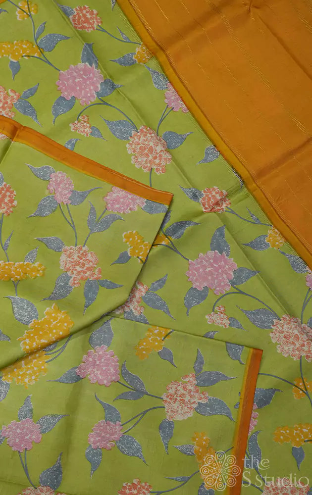 Pastel green digital printed kanchi silk saree with mustard pallu