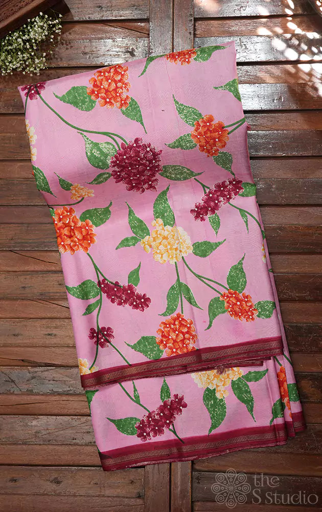 Lotus pink kanjivaram silk saree with prints and a deep maroon pallu