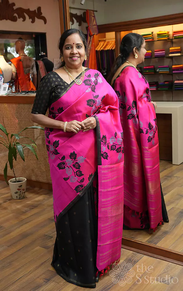 Rani pink printed reversible half and half kanchi silk saree