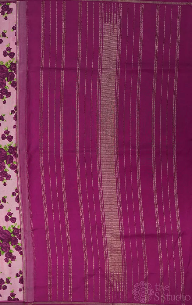 Light pink printed kanchipuram silk saree with purple pallu