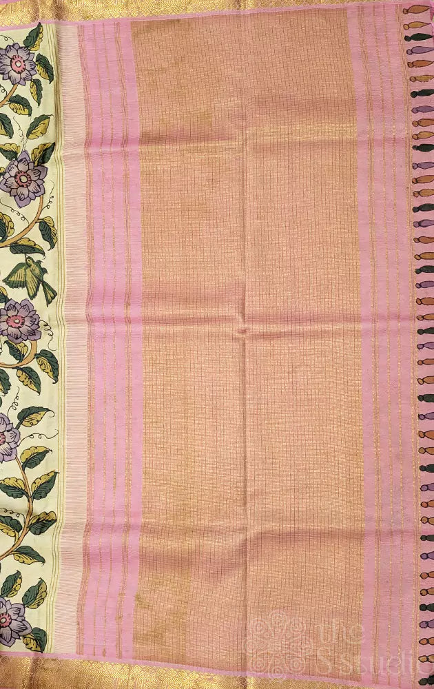 Off white floral hand painted kalamkari saree with pale pink zari border